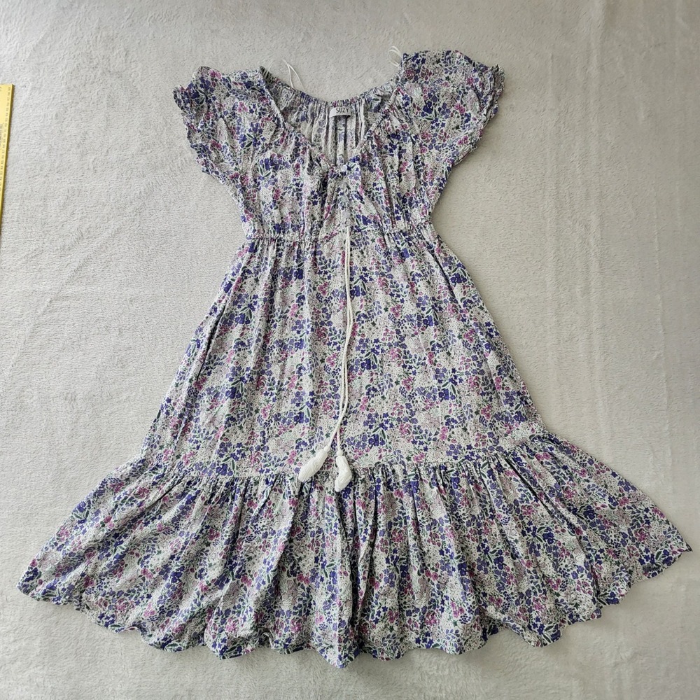 Suzy Shier Tiered Floral Dress Womens XS Purple Babydoll Cottage Prairie Boho - Picture 8 of 15